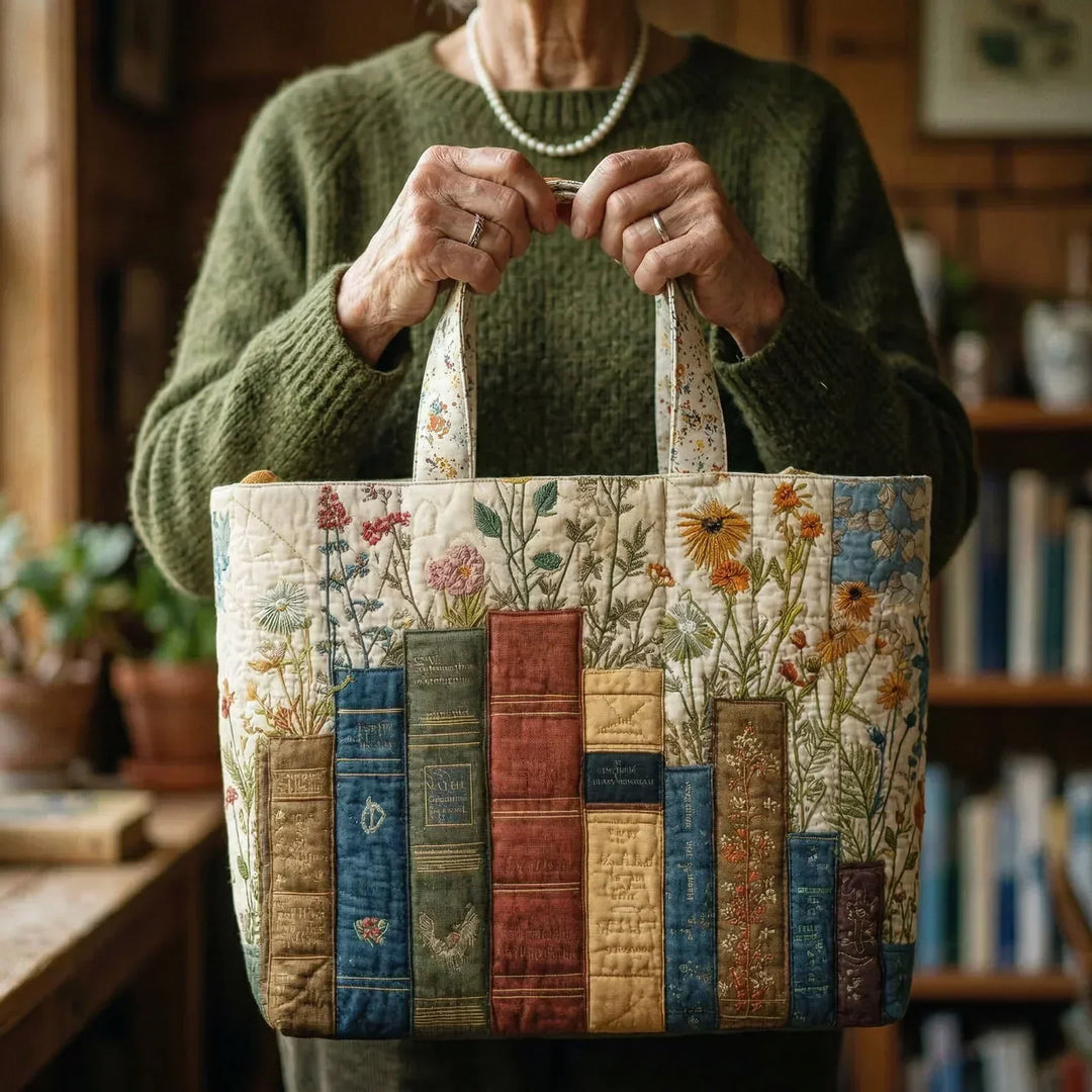 Artisanal Quilted Bag - Books and Flowers