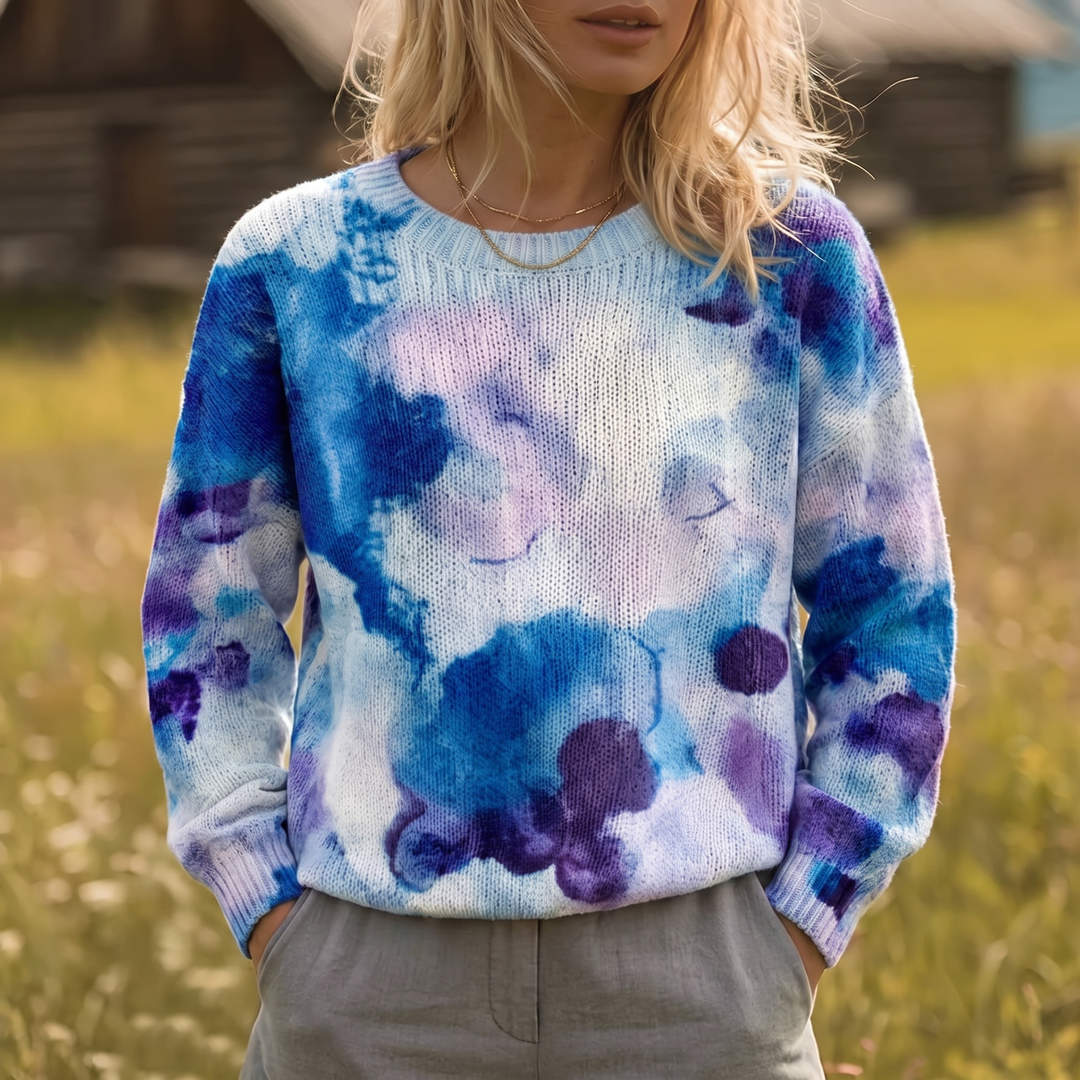 CERULYN | BLUE TIE-DYE FLORAL KNIT SWEATER