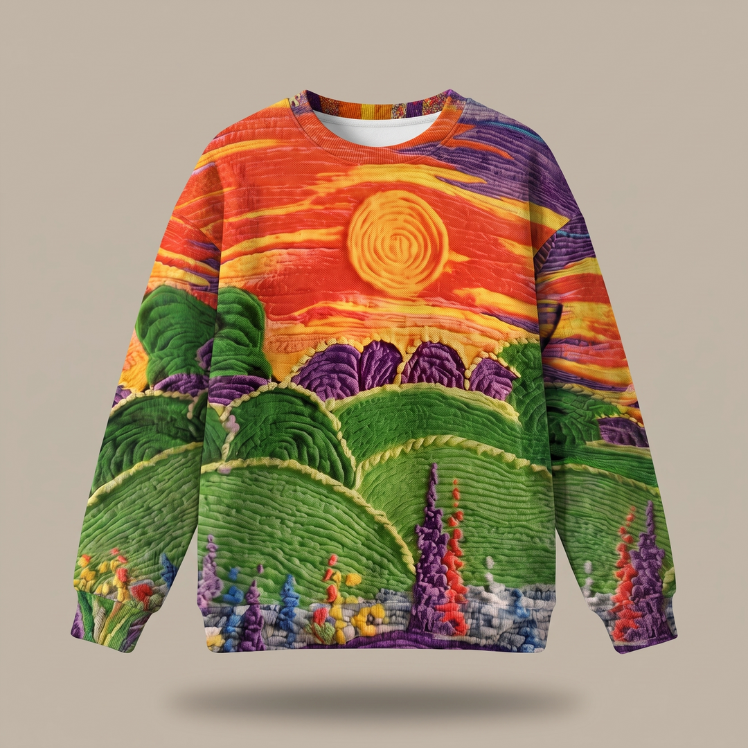 RAVELLA | SUNBURST LANDSCAPE PRINT RELAXED-FIT SWEATER