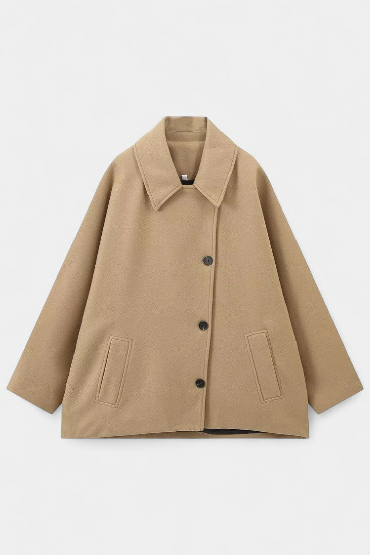 Ambreline Wool Coat with Notched Collar and Mid-Length Batwing Sleeves