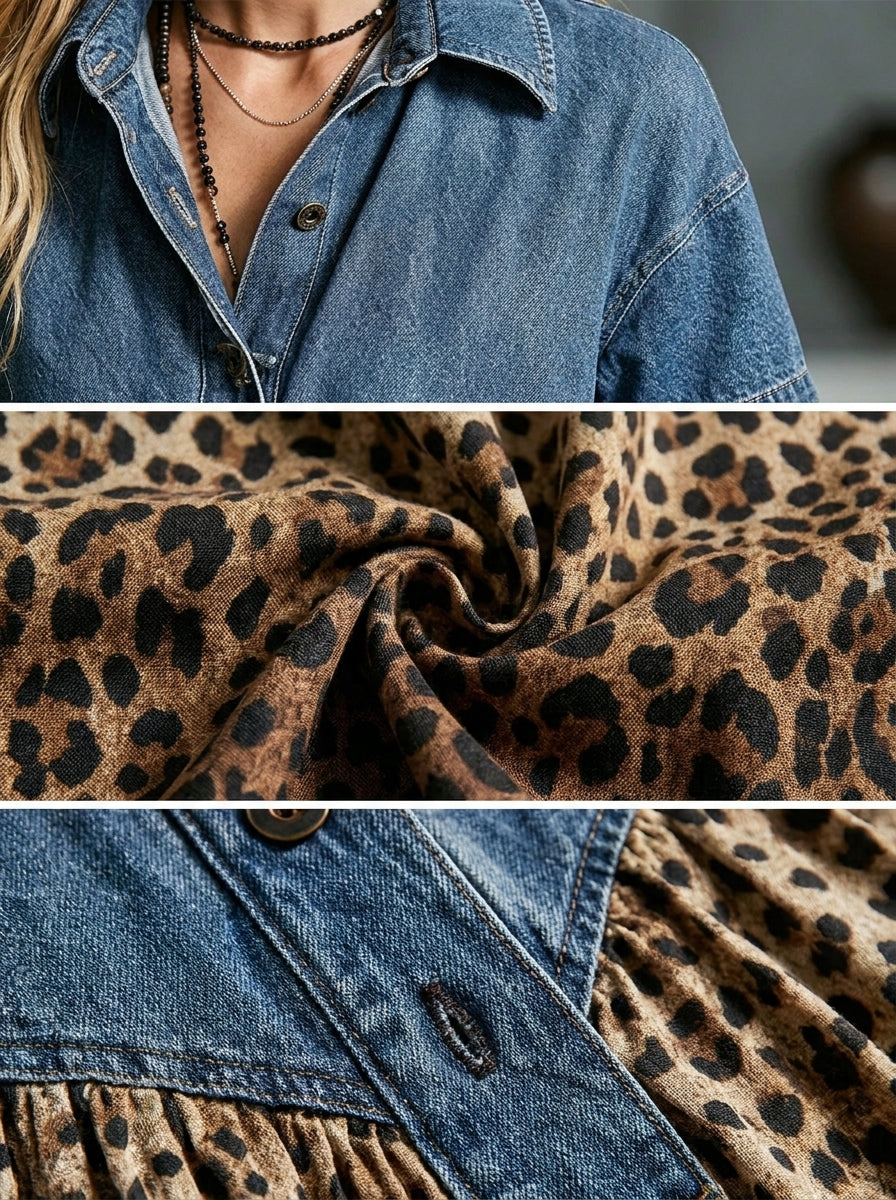 Stella™ | Women’s Denim Spliced Gradient Leopard Print Shirt Midi Dress