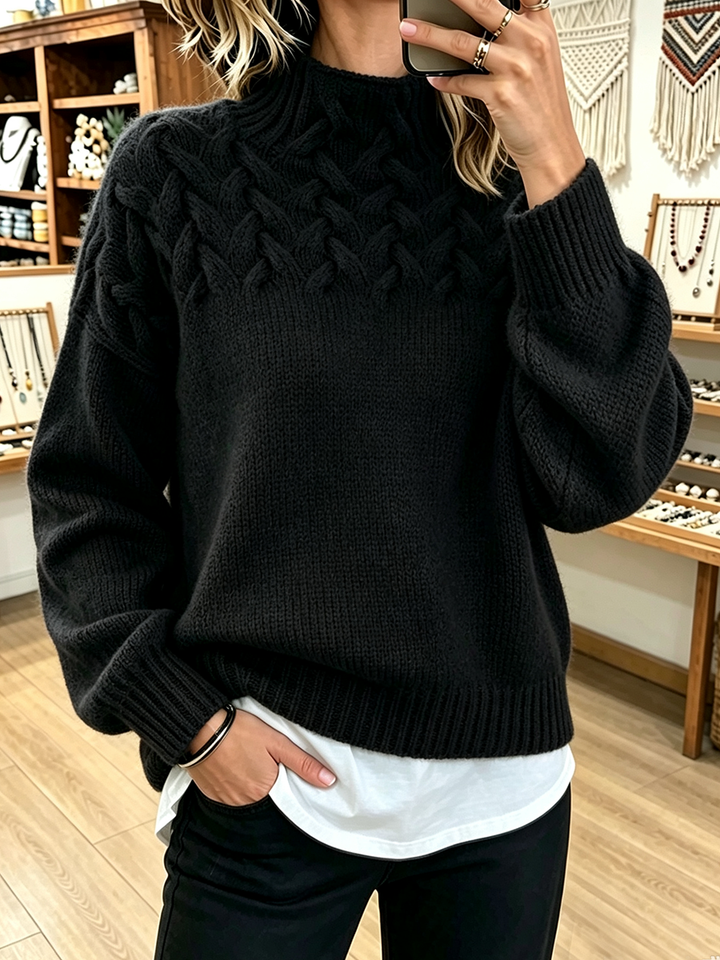Amelia™ | Chic Cozy Basketweave Cable-knit Mock Neck Sweater