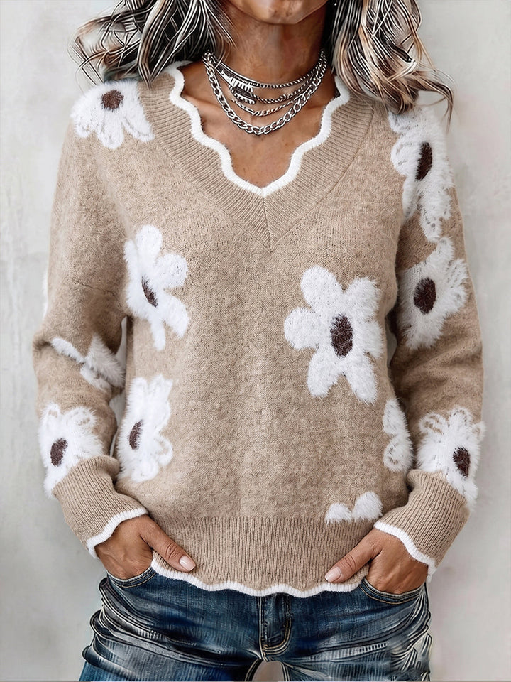 Ellsbeth | Floral Knit Scalloped V-Neck Sweater