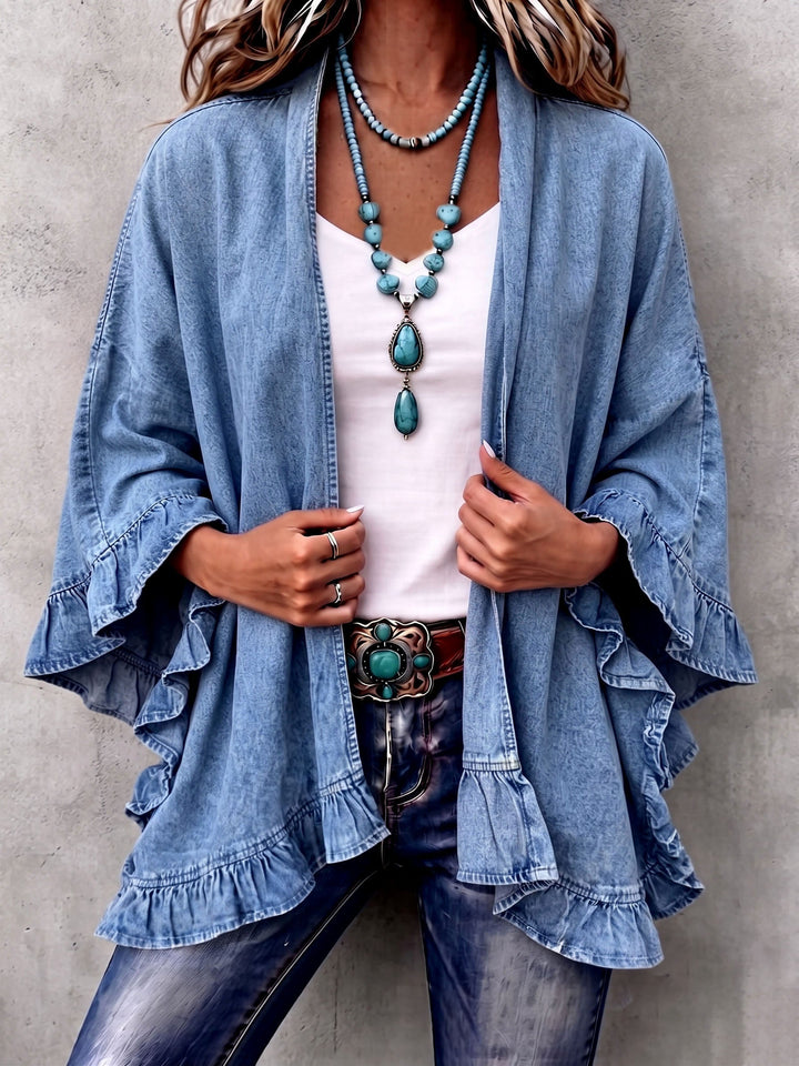 Naomi™ | Chic Boho Denim Ruffle Trim Cardigan