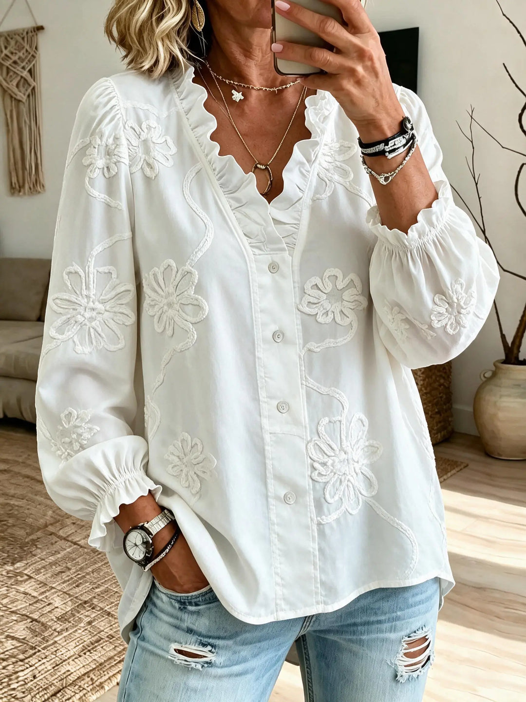 Bella™ | Women's Cotton long-sleeved Embroidered Ruffled Blouse/Shirt