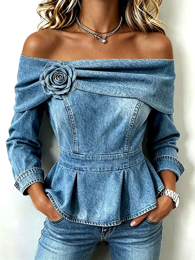 Sophia™ | Chic Off-shoulder Denim Peplum Top