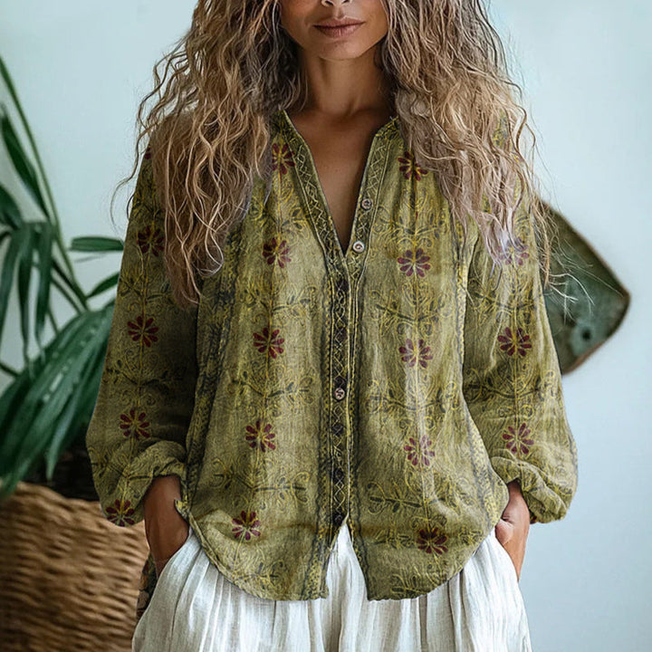 Isadora™ | Women's Printed V-Neck Long Sleeve Blouse