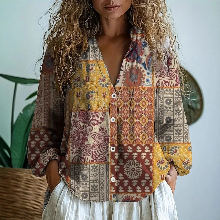 Isadora™ | Women's Printed V-Neck Long Sleeve Blouse
