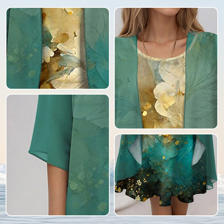 ADELINE | Floral Midi Dress and Sheer Duster Two Piece Layered Elegant Set