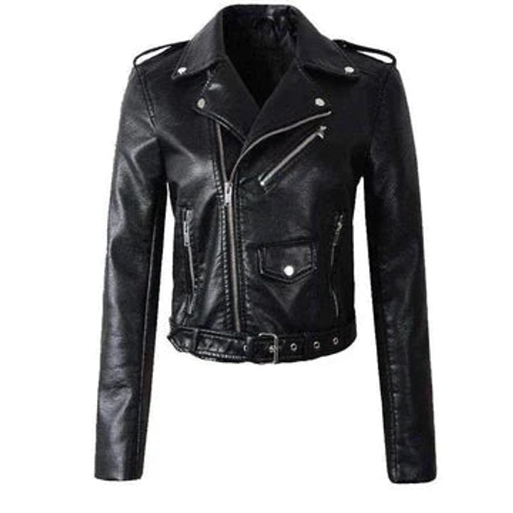 Aria | Women's Cropped Moto Faux Leather Jacket Belted Biker