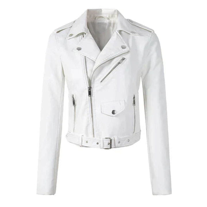 Aria | Women's Cropped Moto Faux Leather Jacket Belted Biker