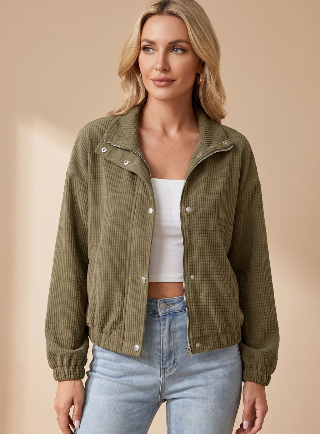 Heather | Cropped Textured Stand-Collar Jacket
