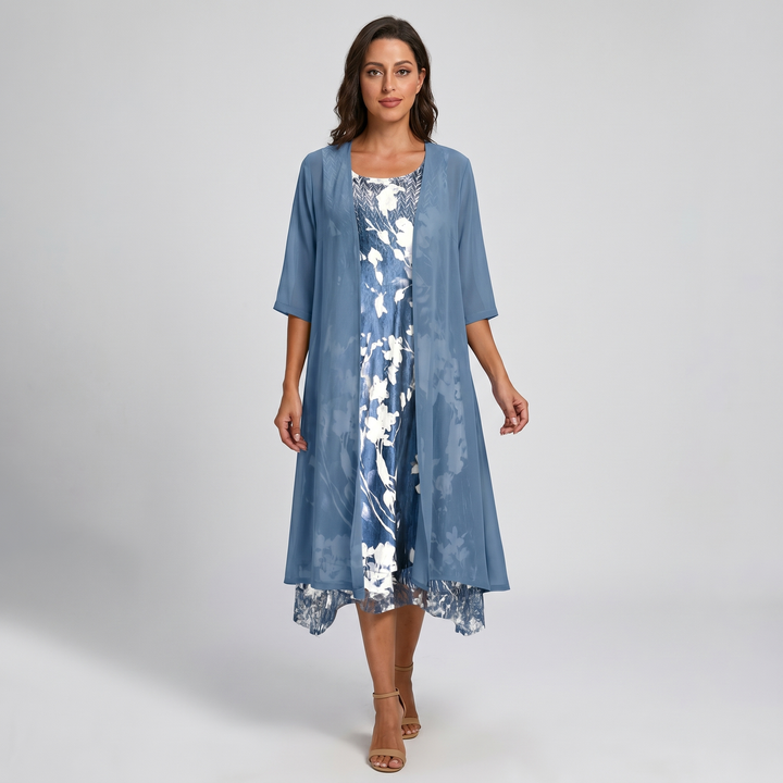 ADELINE | Floral Midi Dress and Sheer Duster Two Piece Layered Elegant Set