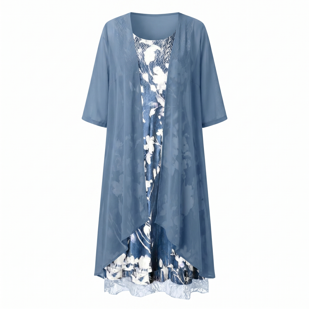 ADELINE | Floral Midi Dress and Sheer Duster Two Piece Layered Elegant Set