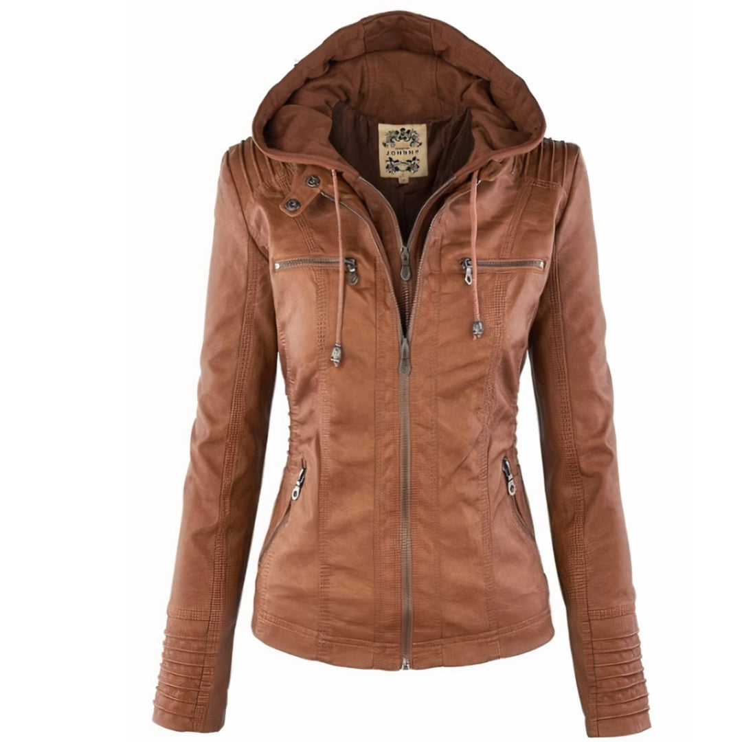 Amelia | Women's Hooded Moto Faux Leather Jacket Removable Hood