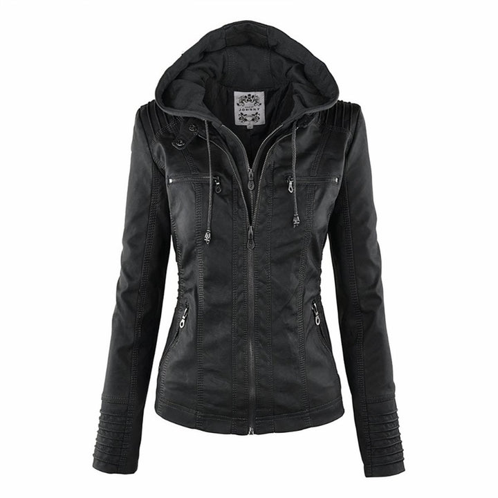 Amelia | Women's Hooded Moto Faux Leather Jacket Removable Hood