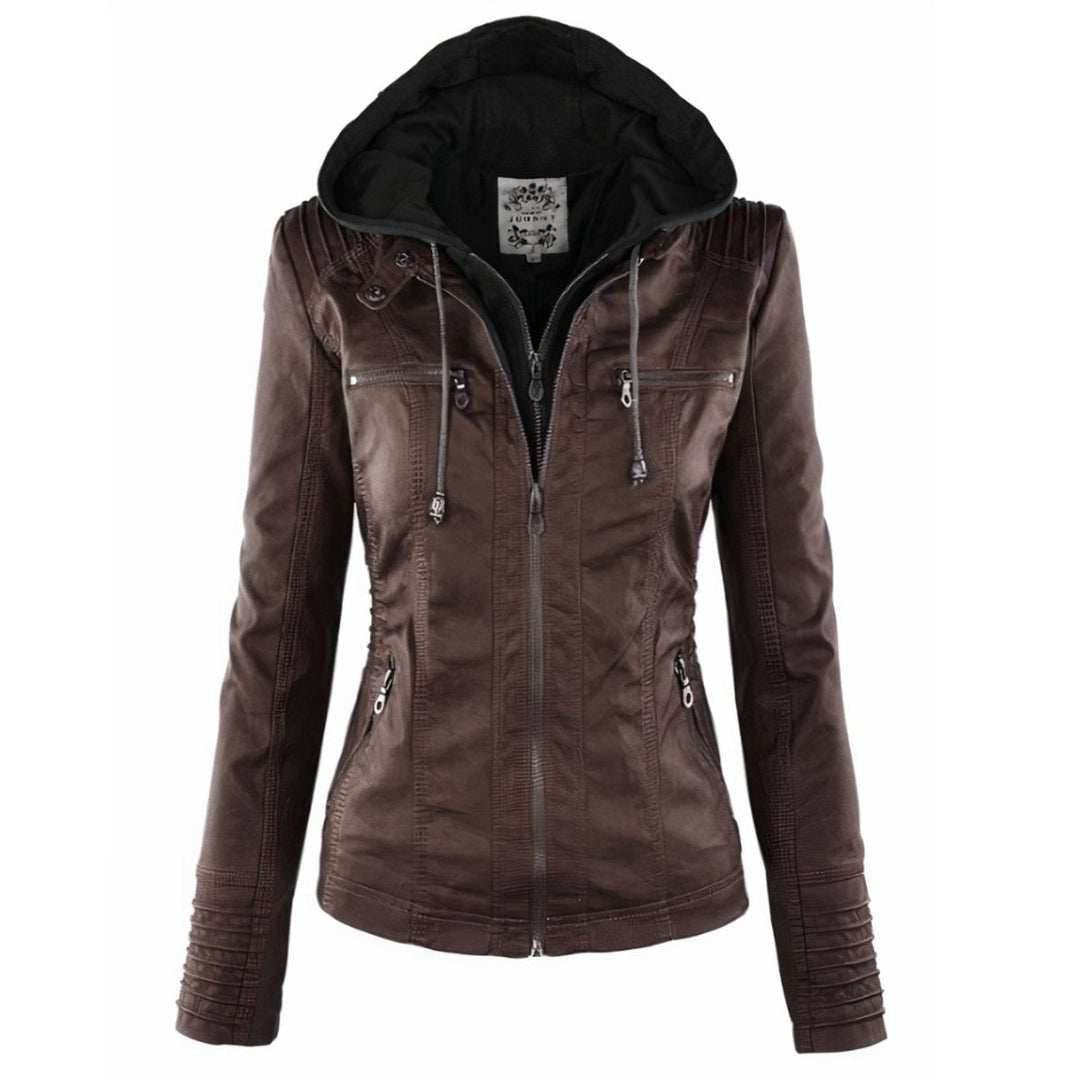 Amelia | Women's Hooded Moto Faux Leather Jacket Removable Hood