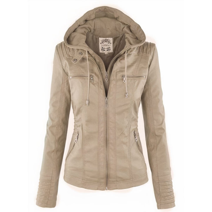 Amelia | Women's Hooded Moto Faux Leather Jacket Removable Hood
