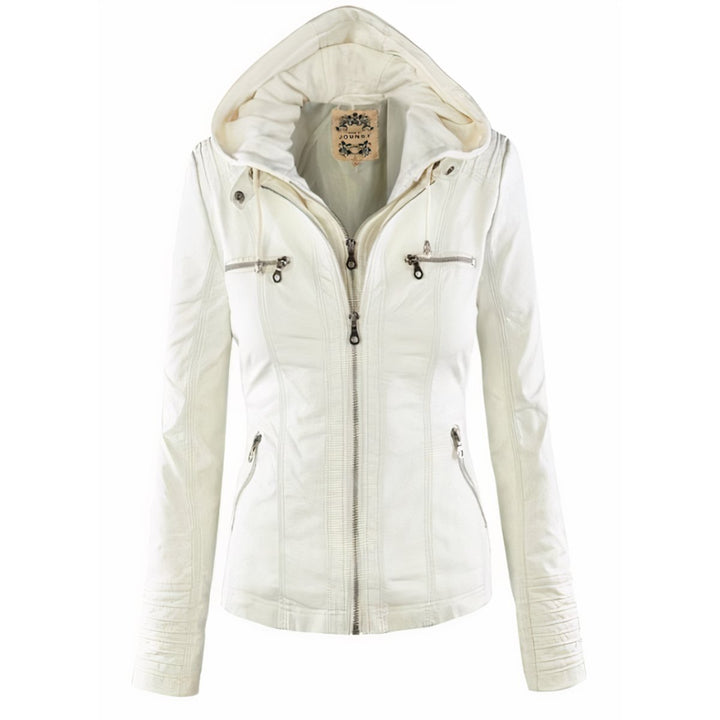 Amelia | Women's Hooded Moto Faux Leather Jacket Removable Hood